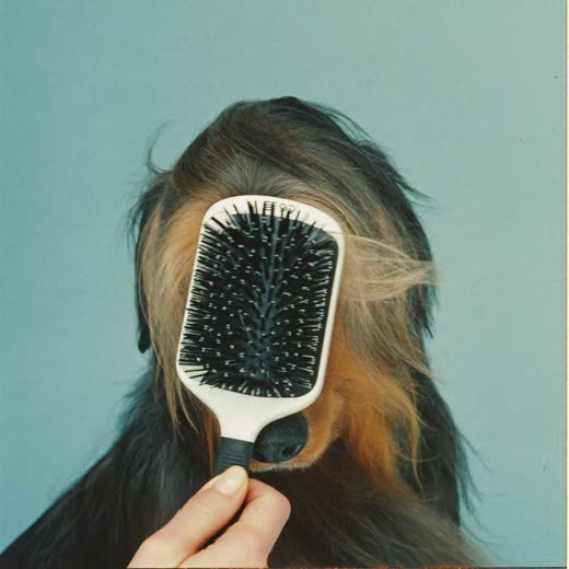 A long-haired dog's coat being brushed out